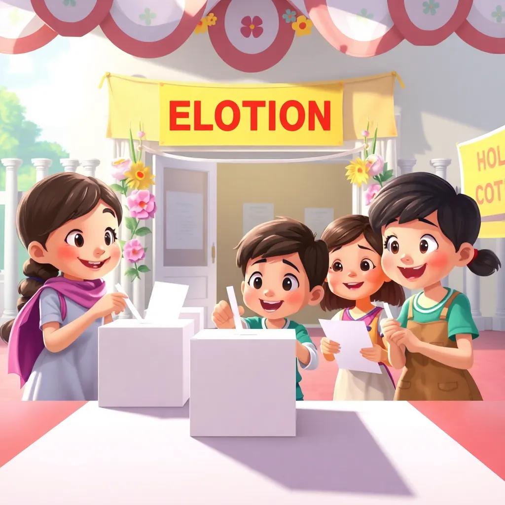 A magical scene showing the election day with children casting their votes, the polling station decorated with flowers and banners, cheerful expressions, hopeful energy, dynamic view