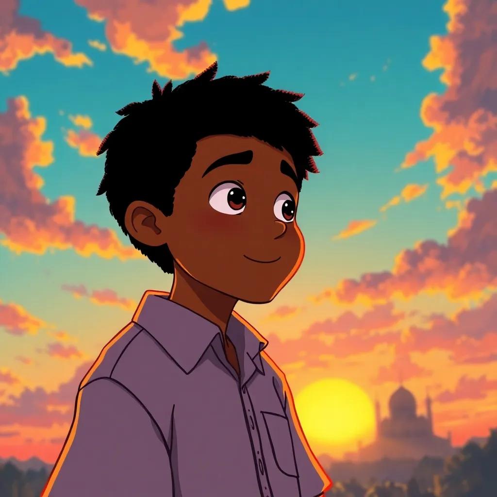 A heartwarming illustration of Said reflecting on the meaning of elections, looking at a beautiful sunset, symbols of justice and unity in the sky, vibrant colors, serene expression, meaningful art