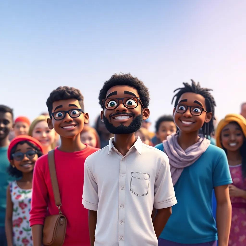 Said standing with his friends, proud of their participation in the elections, with a diverse community background, colorful scene, inspiring unity and hope, uplifting perspective