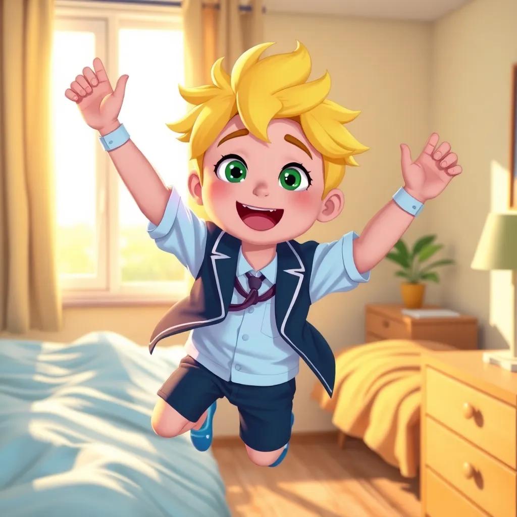 A cheerful boy, سعيد, with yellow hair and green eyes, wearing a stylish school uniform, jumping out of bed with excitement in a sunny room, digital art, vibrant colors, warm lighting, inviting atmosphere, high quality