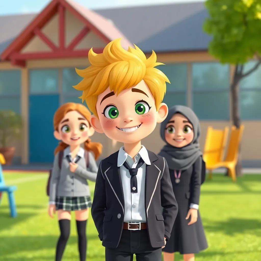 A cheerful boy, سعيد, with yellow hair and green eyes, in a stylish school uniform, surrounded by his friends Leila and Ali, chatting in a school playground, bright and lively, illustration, animated, school-themed, child-friendly