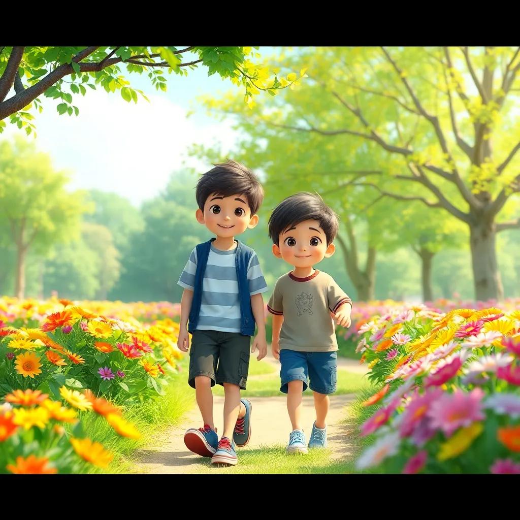 A scene in a park with two boys, سعيد and فرحان, walking among flowers, sunny day, bright colors, cheerful atmosphere, digital art, vibrant, inviting