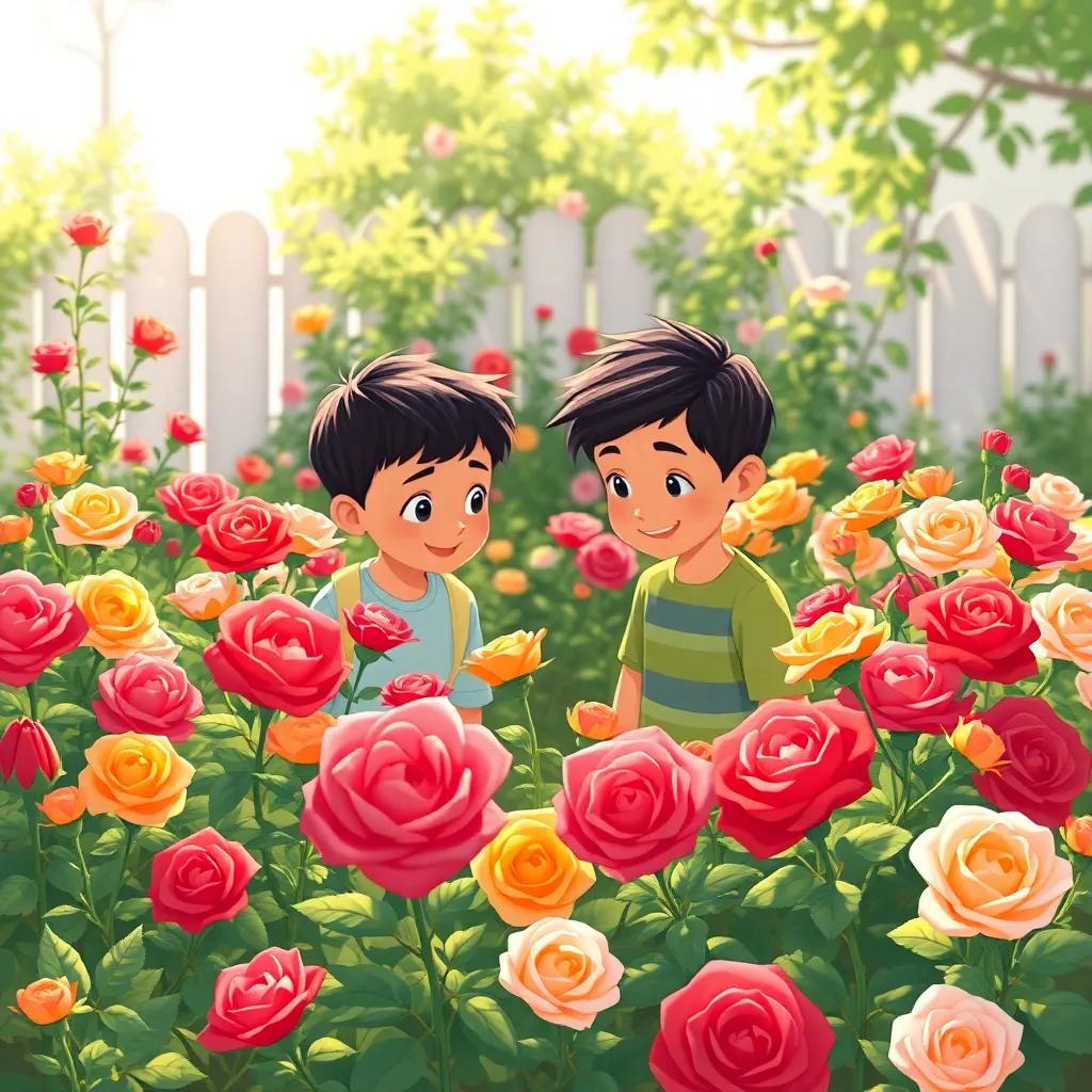 A small garden with colorful roses, two boys looking at the flowers, sunny afternoon, warm colors, happy mood, family-friendly illustration, detailed, inviting