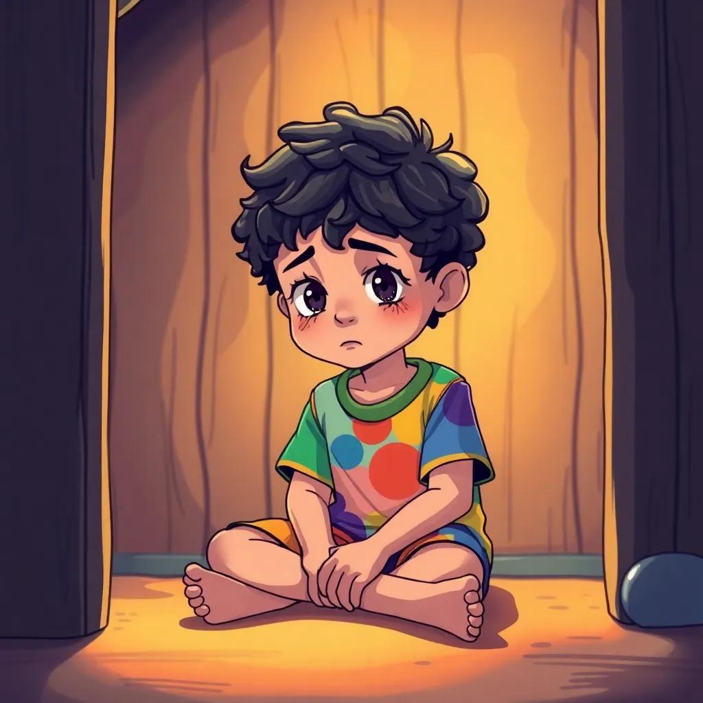 A young boy, سعيد, with short, curly hair wearing a colorful t-shirt and shorts, sitting on the ground in a small house looking sad, warm light, colorful, storytelling view, child-friendly illustration