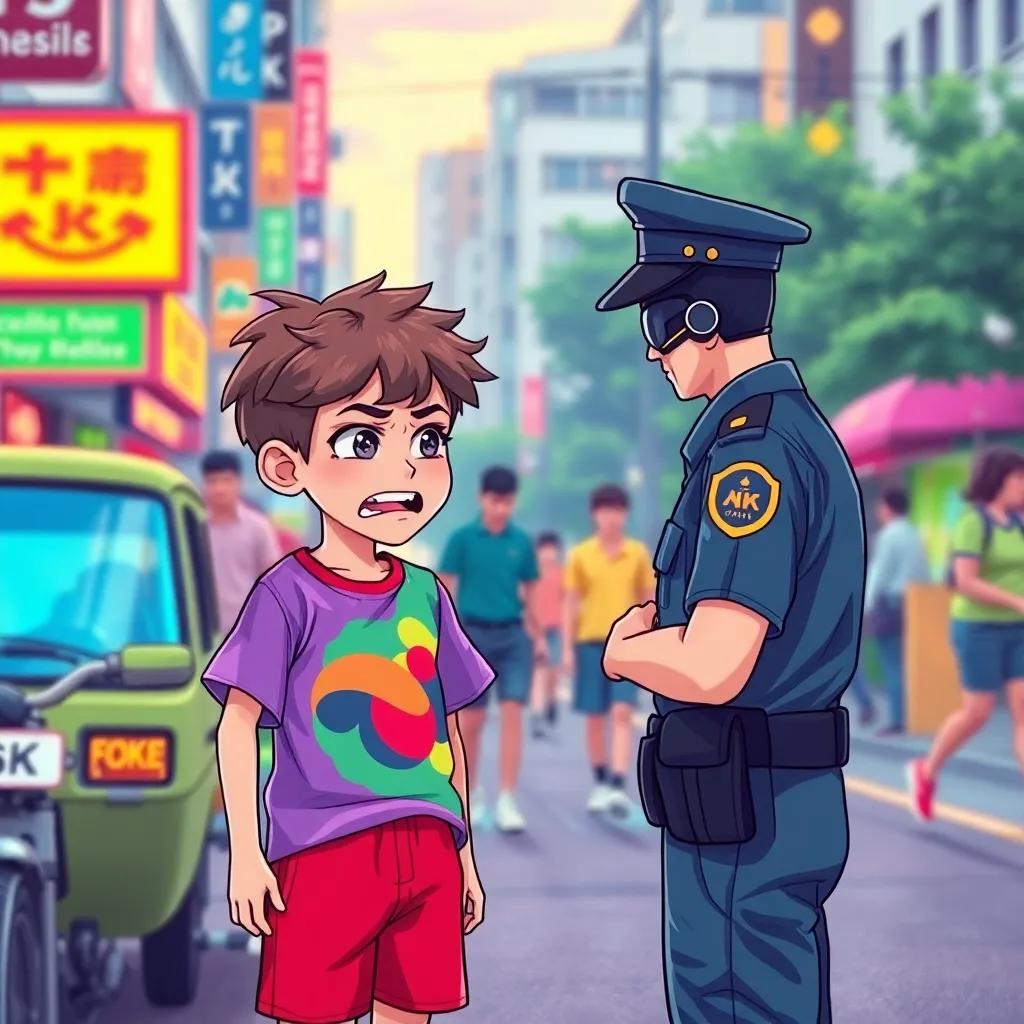 A young boy, سعيد, with short, curly hair wearing a colorful t-shirt and shorts, angrily talking to a police officer on a busy street, vibrant colors, lively atmosphere, engaging scene, child-friendly illustration
