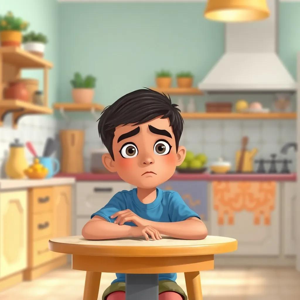A young Arab boy, سعيد, with short black hair wearing a blue shirt, sitting at a small table with a confused expression, his mother in the background looking busy in the kitchen, bright and cheerful kitchen scene, illustration, colorful, inviting atmosphere, high quality