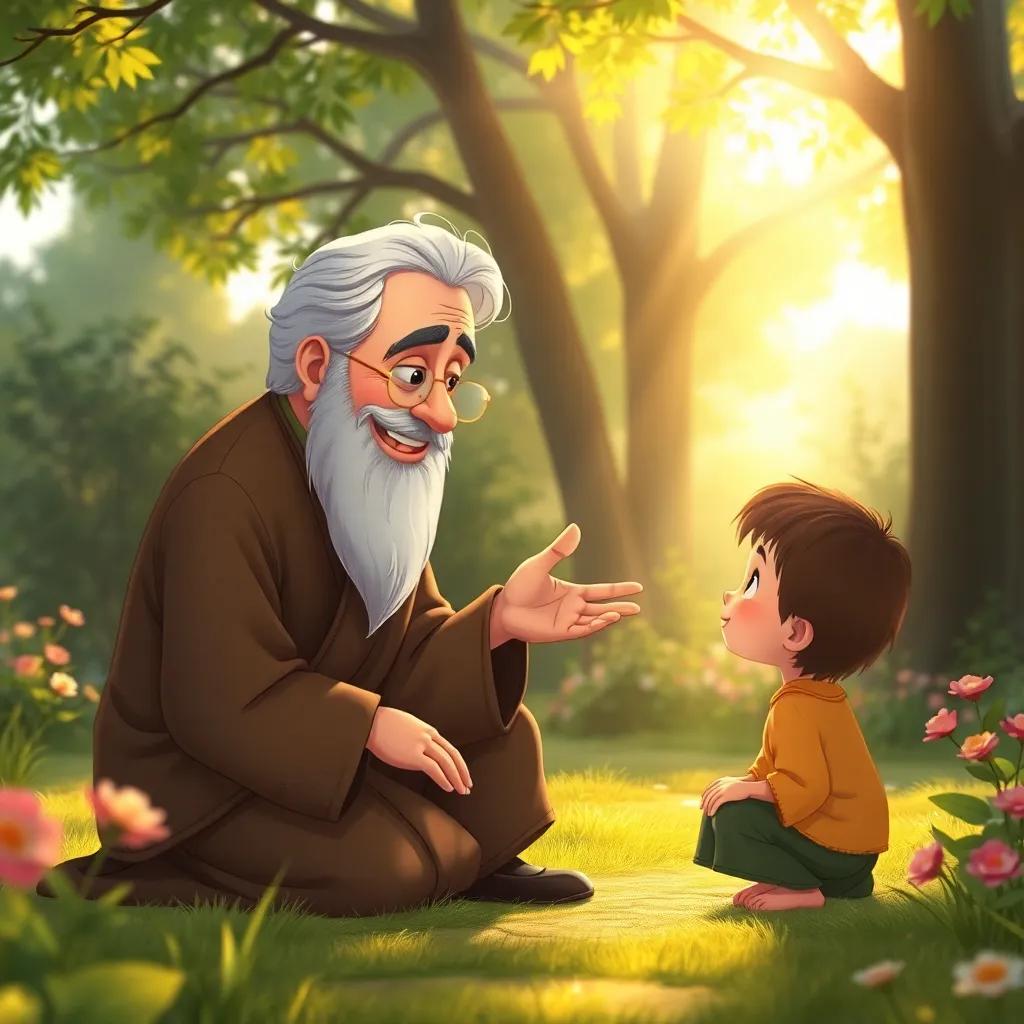 A wise old man, جده, with gray hair and a gentle smile, kneeling beside سعيد, explaining to him gently about kindness, warm sunlight filtering through the trees, peaceful garden scene, illustration, soft colors, heartwarming moment, high quality