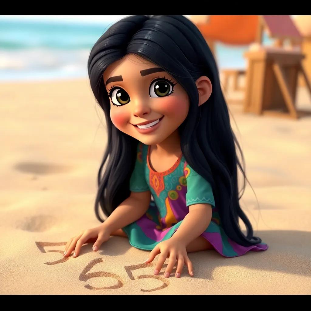 A young Arab girl, Sarah, with long black hair wearing a colorful dress, sitting on a sandy beach, drawing numbers in the sand with a bright smile, cheerful atmosphere, digital art, detailed and vibrant colors, inviting and magical feel, high quality