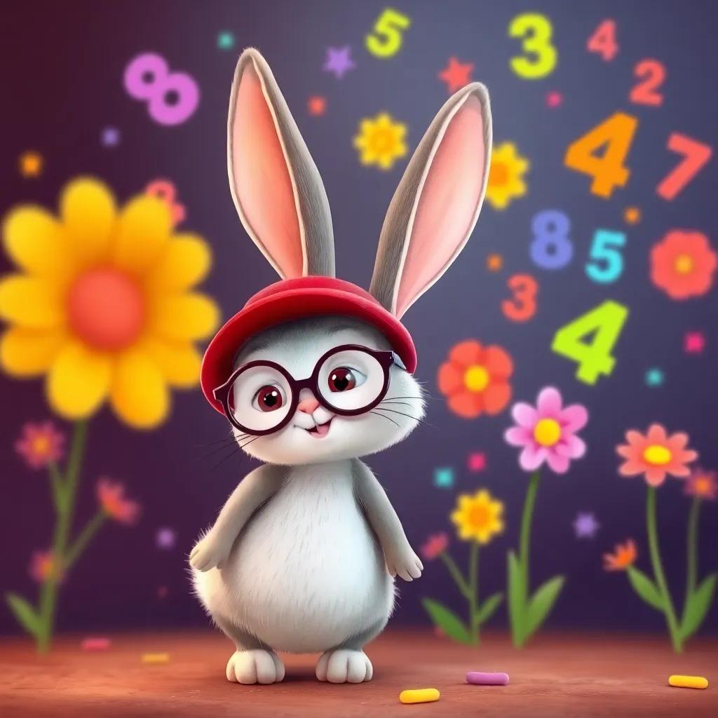 A small rabbit with glasses and a red hat standing next to Sarah, with vibrant flowers and colorful numbers swirling around them in the air, joyful and whimsical scene, illustration, colorful, adventurous theme, child-friendly
