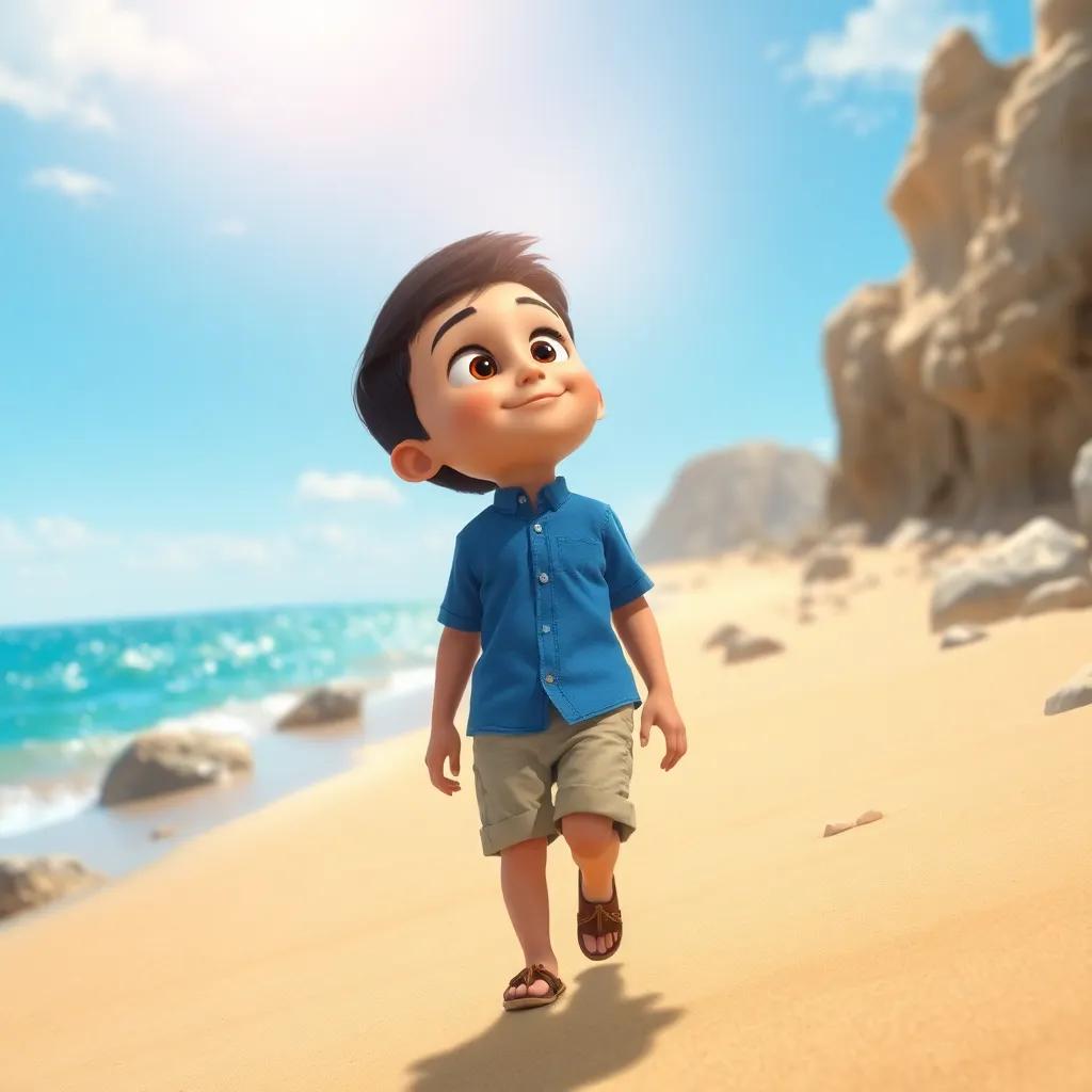 A young Arab boy, Sufyan, with short black hair, wearing a blue shirt and beige shorts, walking on a sandy beach with sparkling rocks under the sun, looking up at the sky, curious expression, bright colors, cheerful atmosphere, high quality