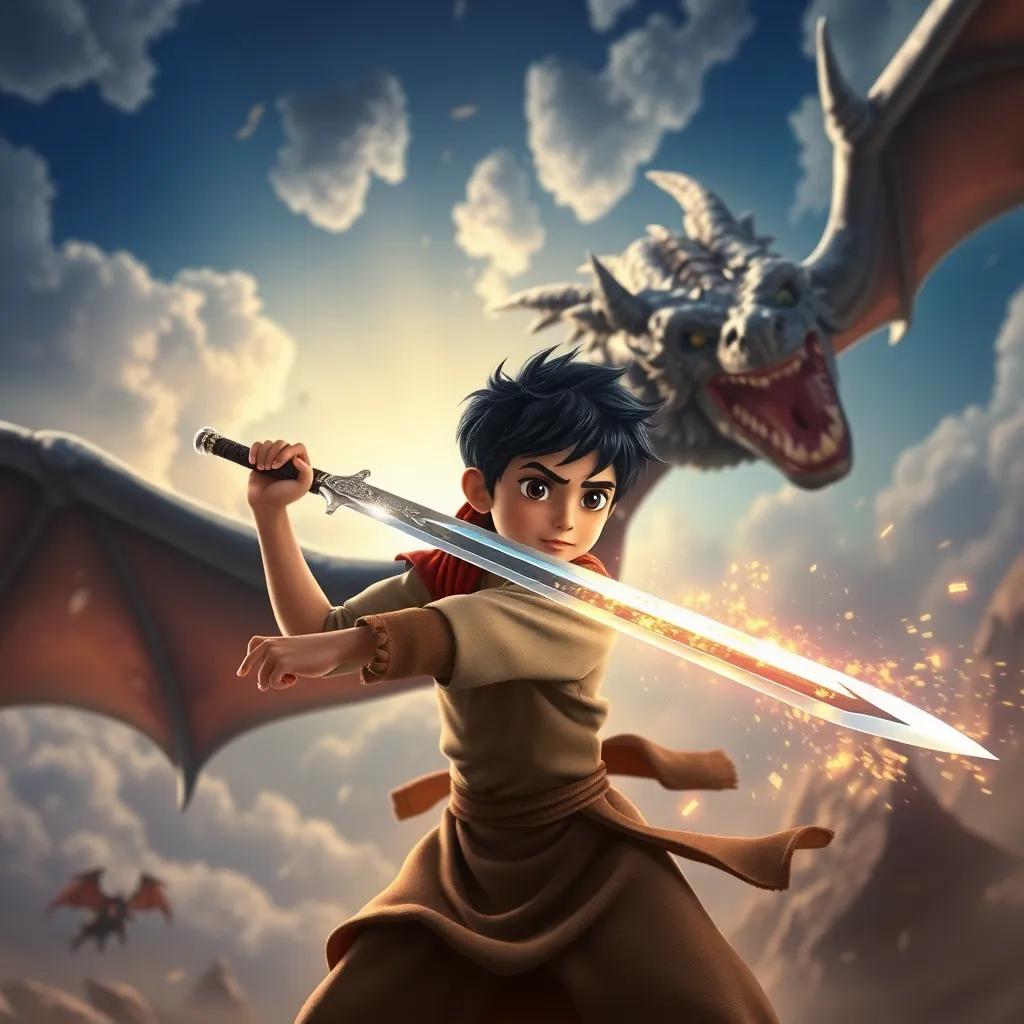 Sufyan, a young Arab boy, with short black hair, wielding a shiny sword named Abu Lamba, bravely engaging in a fierce battle with a giant dragon in the sky, sparks flying, strong winds, dramatic scene, rich colors, action-focused, high quality
