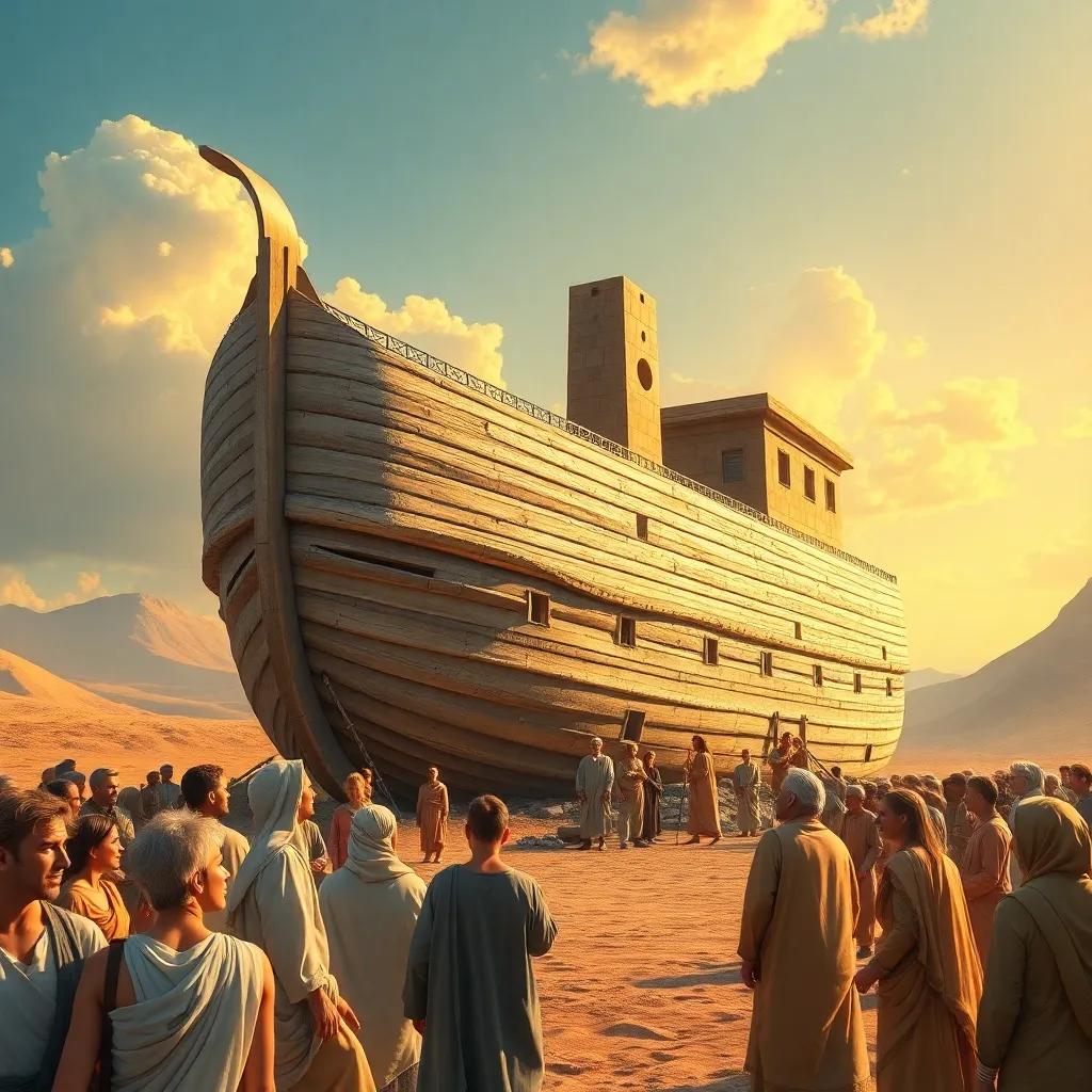 A wise and patient prophet, Noah, building a large ark in a dry area, surrounded by laughing people, detailed digital art, warm colors, sunny atmosphere, high quality