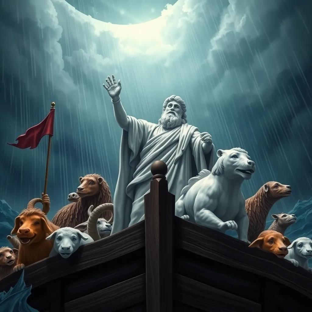 Noah standing confidently at the helm of the ark, with faithful followers and animals around him, turbulent skies and heavy rain in the background, illustration, dramatic lighting, a sense of hope amidst the storm, child-friendly