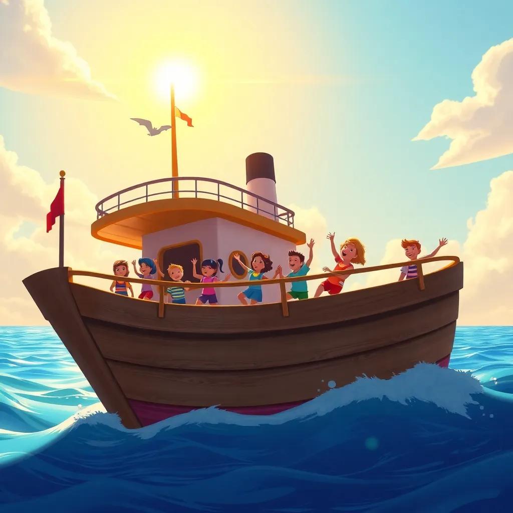 The sun shines brightly on the ship, with excited children boarding it and waving goodbye as they start their adventure, digital art, bright colors, cheerful mood, high quality