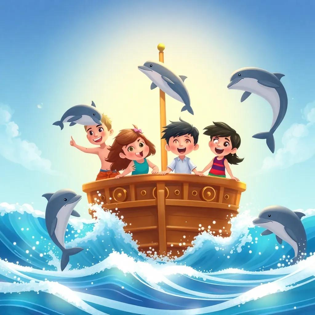 A group of children on the ship, happily playing with dolphins that leap out of the water, sunlight sparkling on the waves around them, illustration, playful and vibrant, child-friendly