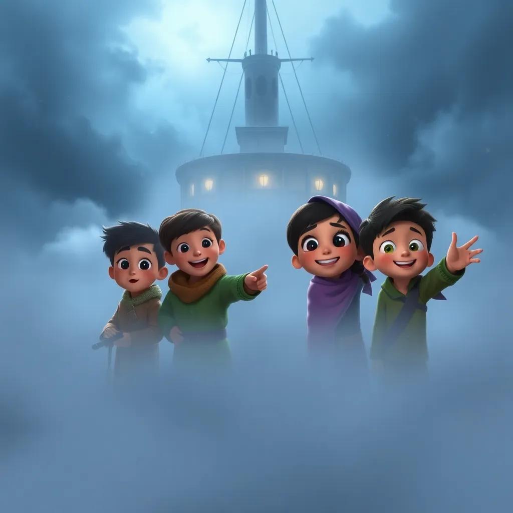 A thick fog surrounding the ship, the children looking slightly scared but also curious, with Ali bravely pointing ahead, adventure-themed, atmospheric, child-friendly