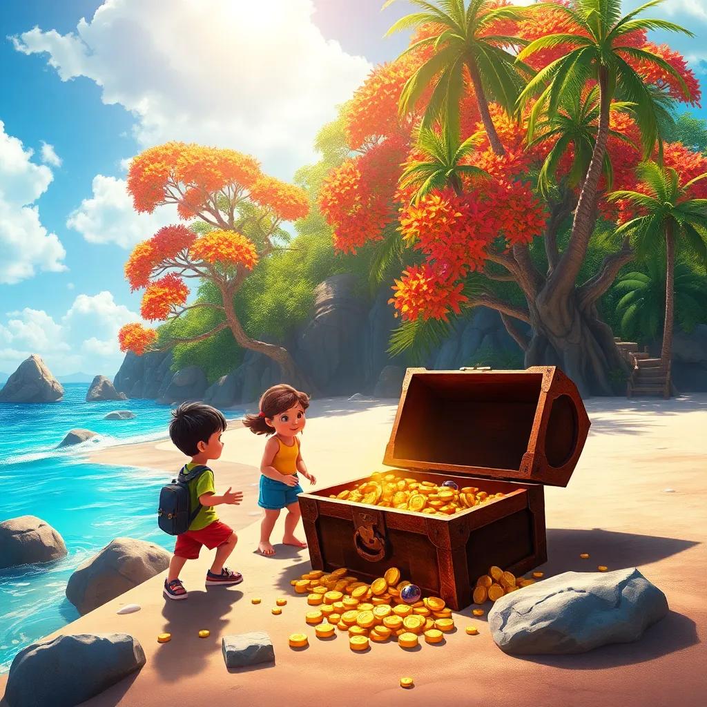 A beautiful island with colorful trees and a pristine beach, children discovering an old treasure chest filled with gold and jewels, bright sunny day, rich colors, inviting and magical scene