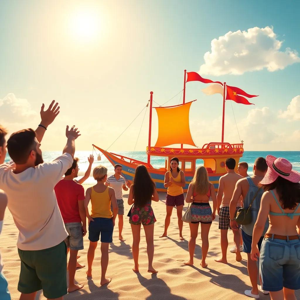 A sunny beach scene with a group of excited friends gathering near the ocean, the vibrant 'Ship of Stars' decorated with bright colors and a waving flag, digital art, cheerful atmosphere, warm colors, engaging perspective, high quality