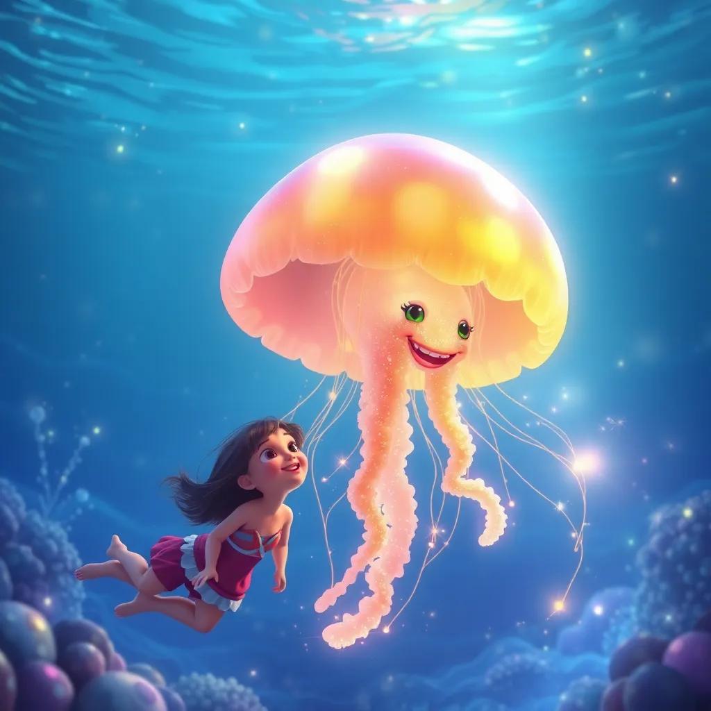 A glowing jellyfish in the crystal clear ocean, casting sparkling lights in the water as the friends admire it with wide smiles, digital painting, magical, vibrant colors, playfulness, high quality