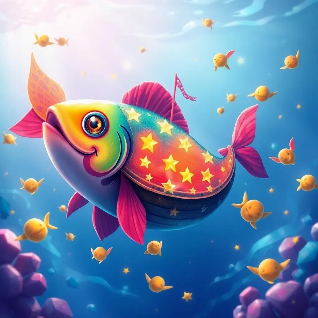 A large, colorful fish swimming around the 'Ship of Stars', dancing in the water as if telling a story about the ocean, illustration, joyful, lively colors, dynamic composition, high quality