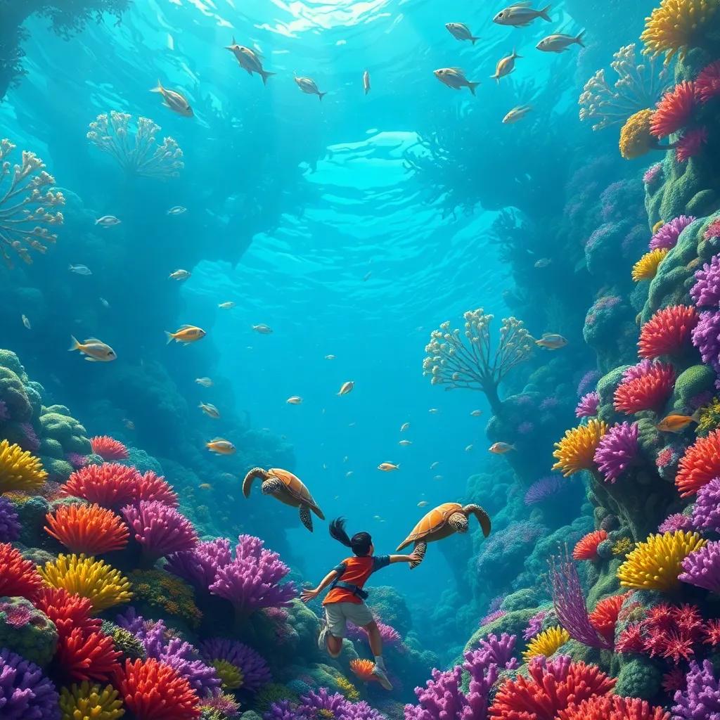 Underwater scene with marine forests filled with colorful coral and diverse sea creatures like turtles and small fish, as friends explore with amazement, digital art, lively atmosphere, rich colors, immersive perspective, high quality