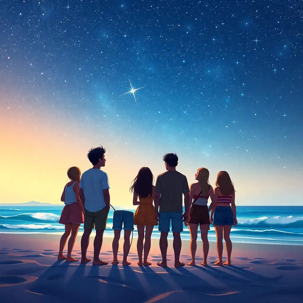 A groups of friends on the beach looking up at the starry sky, with their hearts filled with memories of their ocean adventure, digital art, warm and nostalgic colors, uplifting mood, high quality