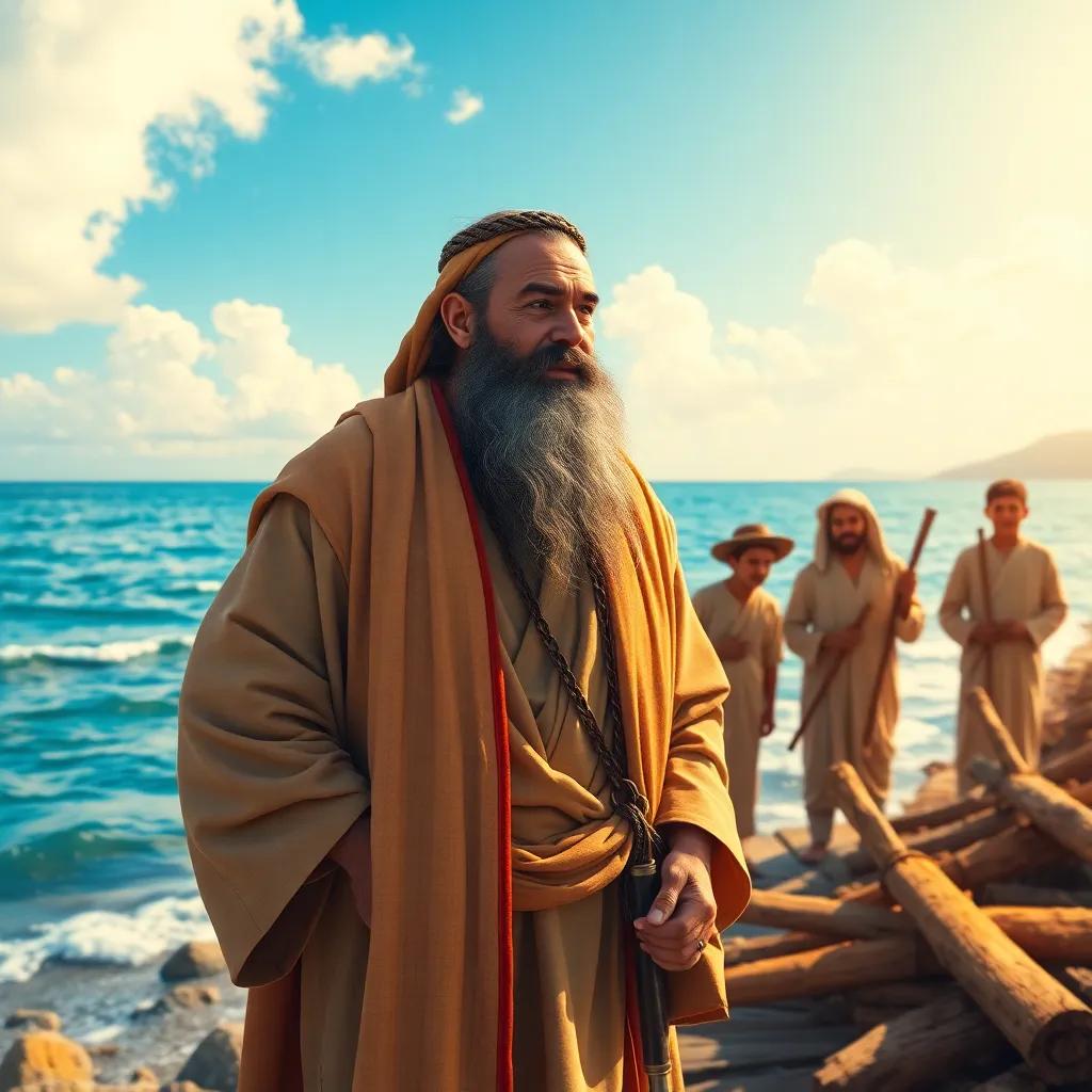 Noah, a wise Middle Eastern man, with a long beard wearing a simple robe, standing by the sea looking at his sons, gathering wood and tools, bright sunny day, vibrant colors, cheerful mood, digital art