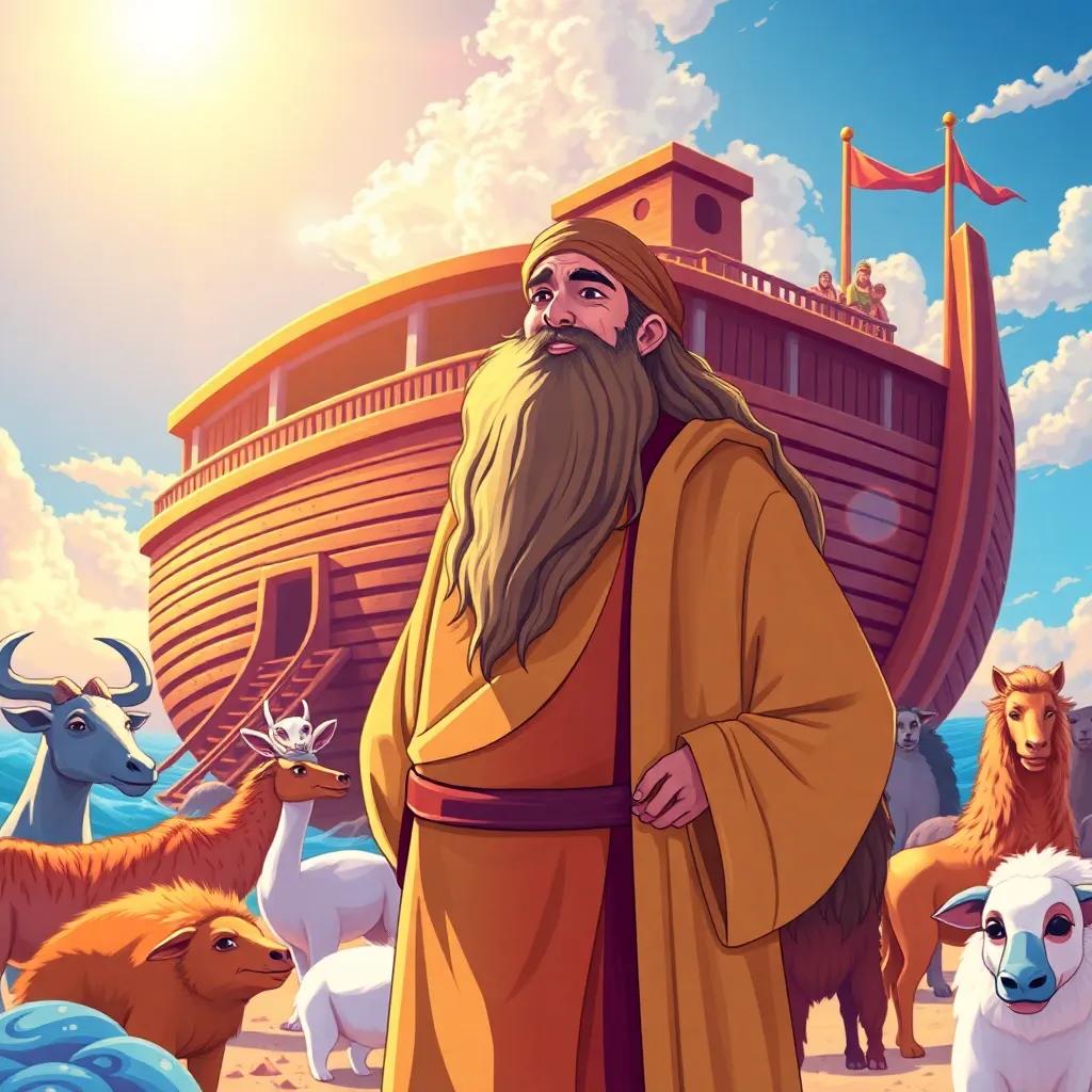 Noah, a wise Middle Eastern man, with a long beard wearing a simple robe, standing proudly beside a huge ark surrounded by animals, sunshine illuminating the scene, joyful atmosphere, colorful and lively, high quality