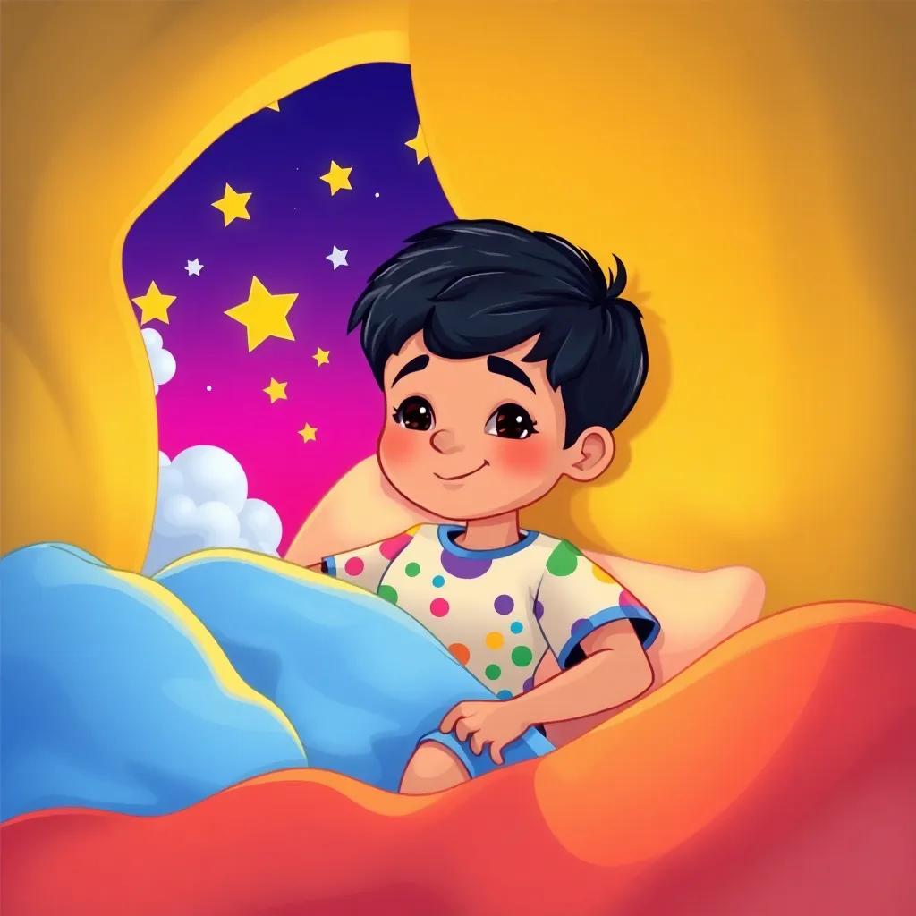 A young Arab boy, Yasin, with short black hair, wearing a colorful t-shirt and shorts, dreaming in his cozy bed with stars and clouds around him, digital art, vibrant colors, warm lighting, child-friendly atmosphere, high quality