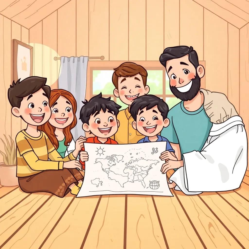 A joyful family gathering, Yasin with his family and friend Mustafa, all cheering and planning, surrounded by wood planks, a drawing of a map, smiling faces, bright sunny room, illustration, cheerful and engaging, high quality