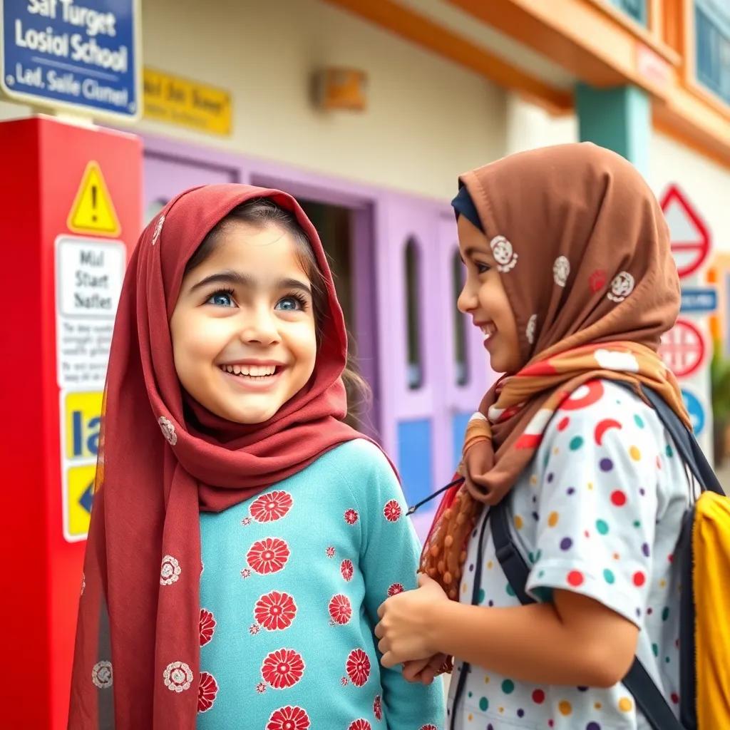 A young Arab girl, Sara, with a bright smile and blue eyes, excitedly talking to her friend Leila outside a colorful school with safety signs around, bright and cheerful atmosphere, vibrant colors, child-friendly
