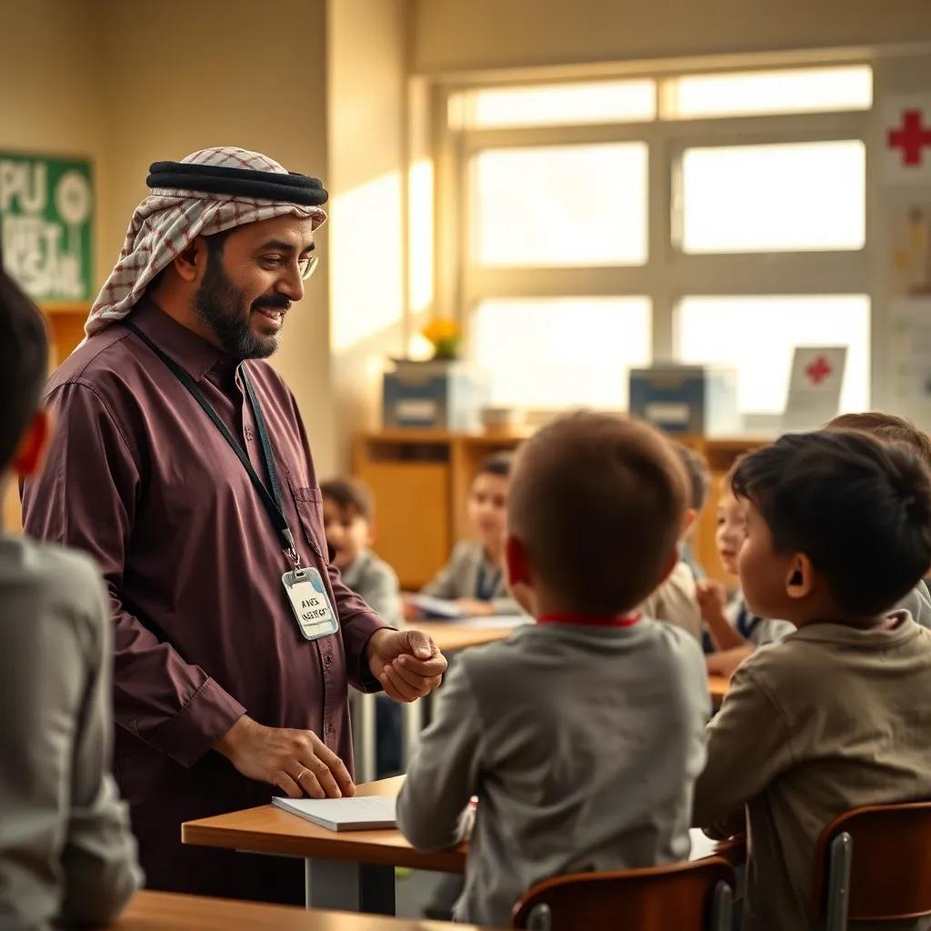 A classroom scene with a kind Arab male teacher, Mahmoud, explaining safety rules to attentive children, showing safety signs and materials, enthusiastic and engaging environment, warm light, inviting mood