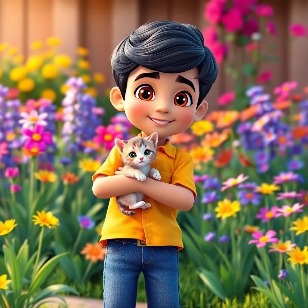 A young Arab boy, Salama, with short black hair, wearing a bright shirt and jeans, standing by a garden filled with colorful flowers, holding a cute kitten, cheerful atmosphere, digital art, vivid colors, heartwarming scene, child-friendly, high quality