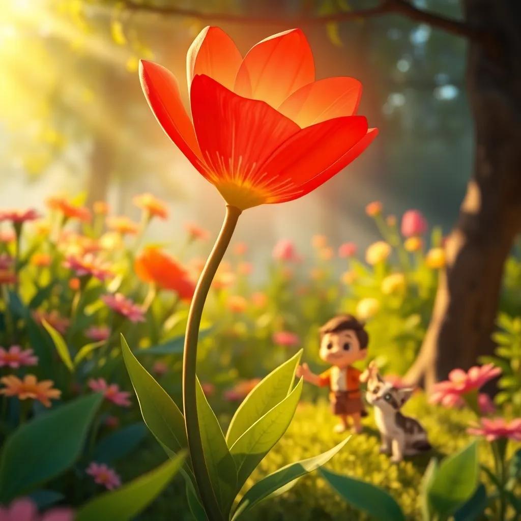A magical red flower, glowing softly, in a garden filled with sunlight, with Salama, a young Arab boy, and his kitten nearby, whimsical, bright colors, enchanting scene, storytelling view, high quality