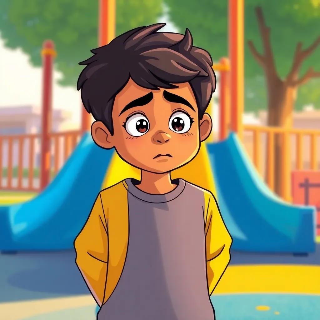 A young Arab boy, Salem, feeling sad alone on the playground with a worried expression, colorful school playground in the background, warm light, illustration, cheerful atmosphere, friendly style, children's book art