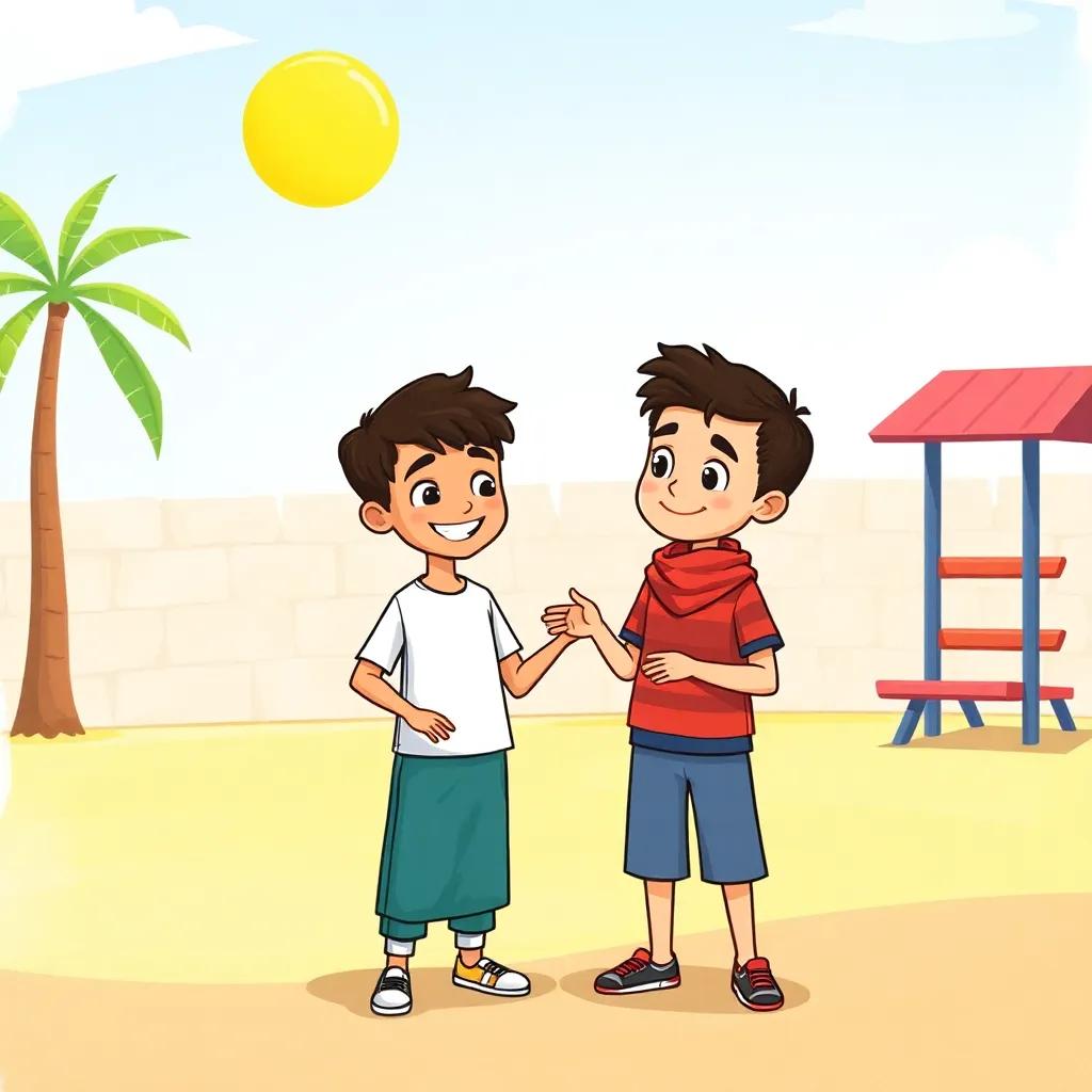 Saeed, a young Arab boy, approaching Salem with a friendly smile and inviting posture, standing in a sunny playground, bright colors, in a supportive atmosphere, engaging view, children's book style