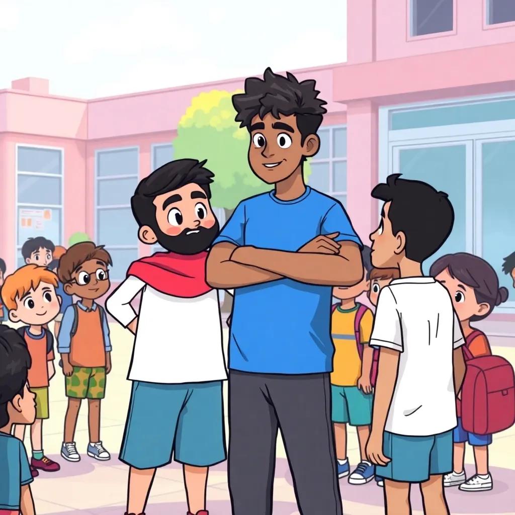 Saeed standing confidently next to Salem, facing Kamal with a serious expression, surrounded by other students who are watching, in a vibrant schoolyard, illustration, bright colors, teamwork theme