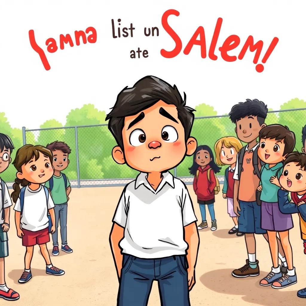 Kamal, a young Arab boy, looking surprised and embarrassed, while standing in the playground, students around him showing support to Salem, detailed illustration, energetic, uplifting atmosphere