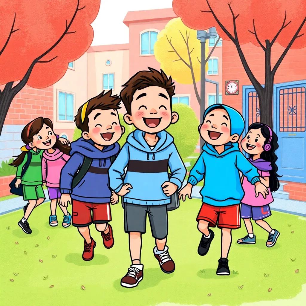 A group of cheerful children, including Salem and Saeed, playing together in the schoolyard, with one boy smiling and laughing while embracing new friendships, colorful scene, joyful mood, children’s book vibe