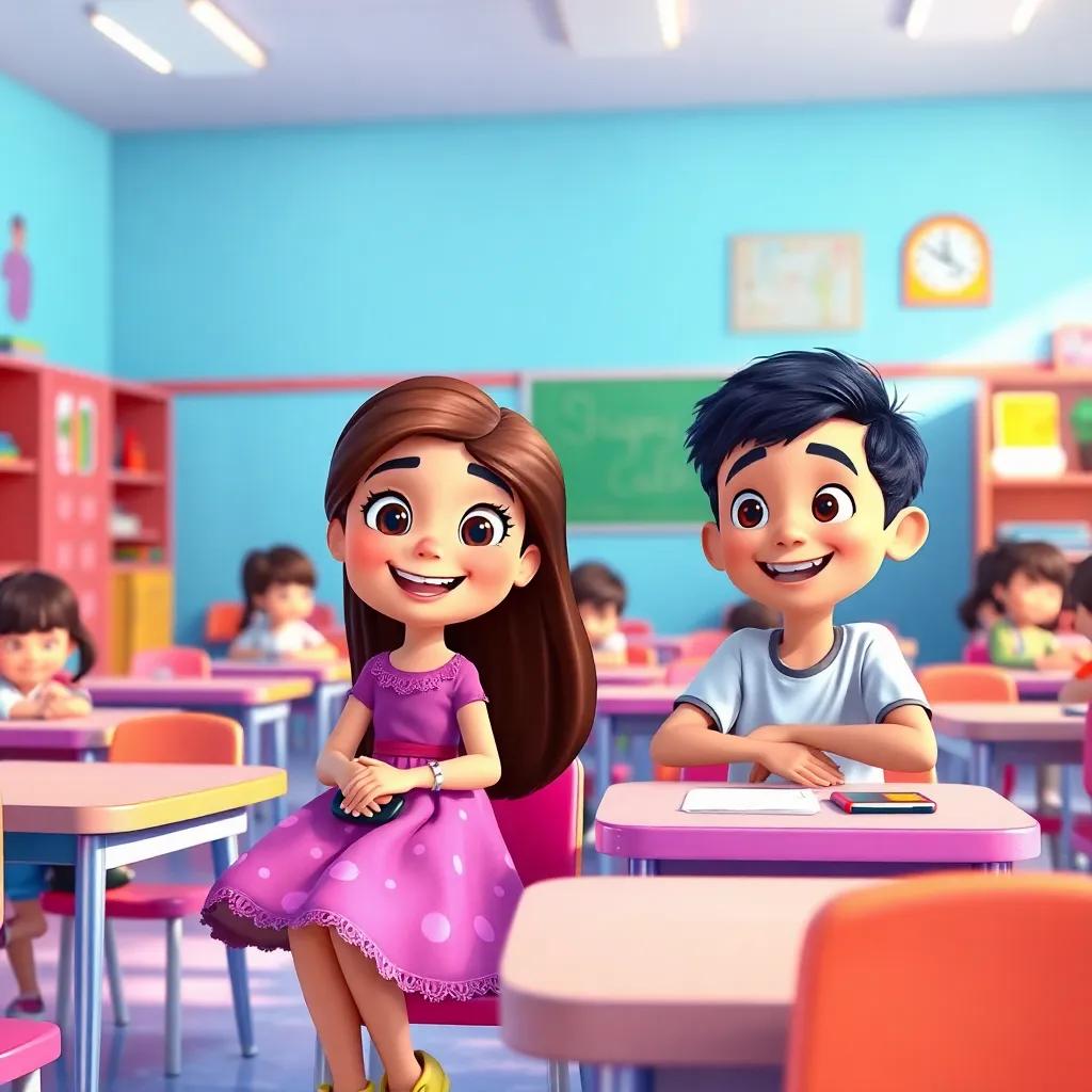 A bright, colorful classroom with children sitting at small tables, a girl named Salama with long hair, wearing a cheerful dress, and a boy named Salem with short hair and a t-shirt, both smiling and looking excited, educational environment, vibrant colors, warm and inviting atmosphere, children engaging with each other