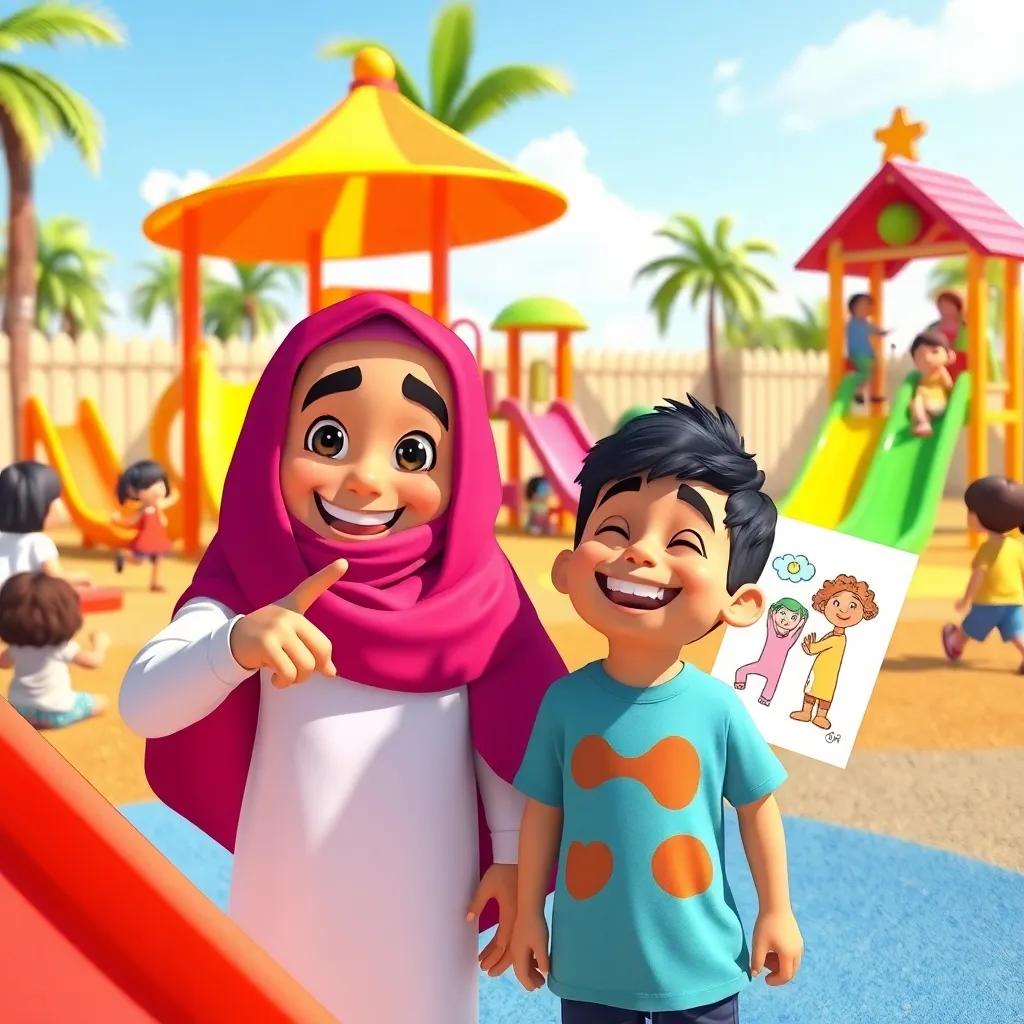 Salama and Salem in a sunny outdoor playground, with other kids around them playing, colorful slides and swings, Salama is pointing at a colorful drawing while Salem is laughing, joyful, cheerful atmosphere, child-friendly, bright daylight