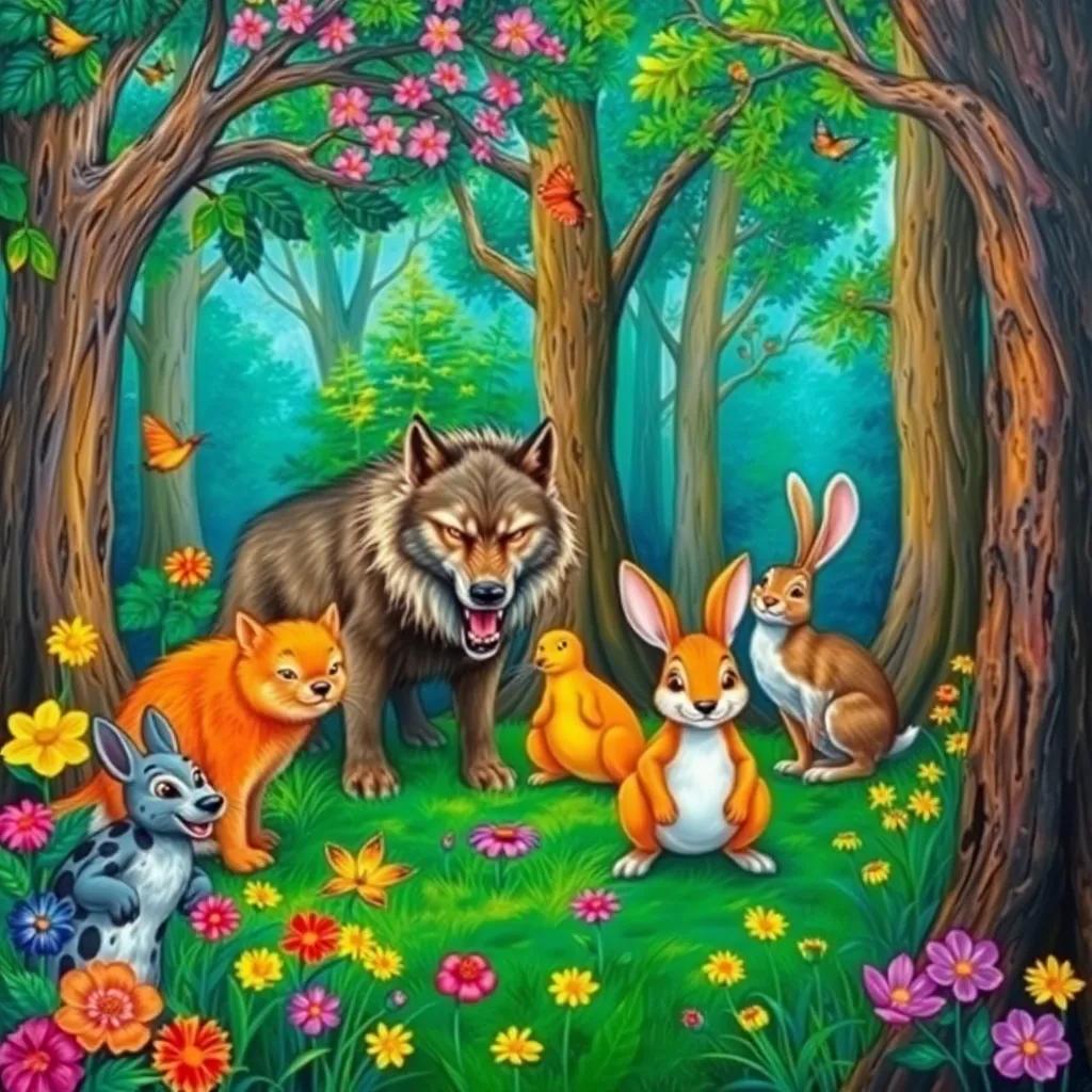 A beautiful forest setting with various animals, including a fierce wolf and a startled rabbit, surrounded by trees and colorful flowers, illustration, vibrant colors, cheerful atmosphere, high quality