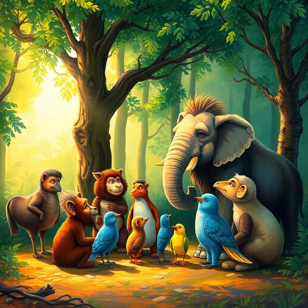 A group of animals like a wise elephant, a singing bird, and other friends discussing together in a peaceful corner of the forest, with sunlight shining through the trees, digital art, warm colors, hopeful atmosphere, high quality
