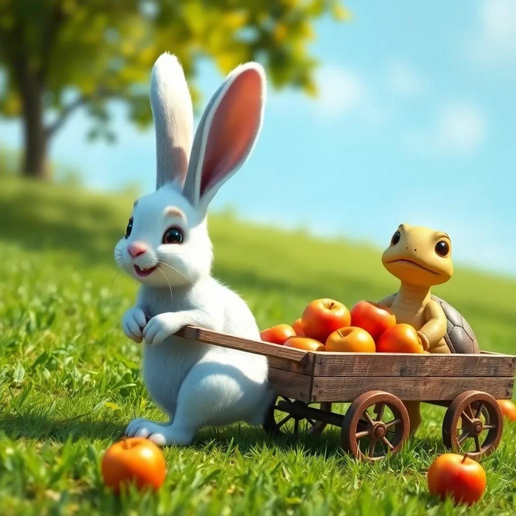 A friendly rabbit, Rami, with white fur and big ears, helping Sara the turtle to push the heavy cart filled with apples together, sunny landscape with green grass, joyful expression, digital art, light and engaging
