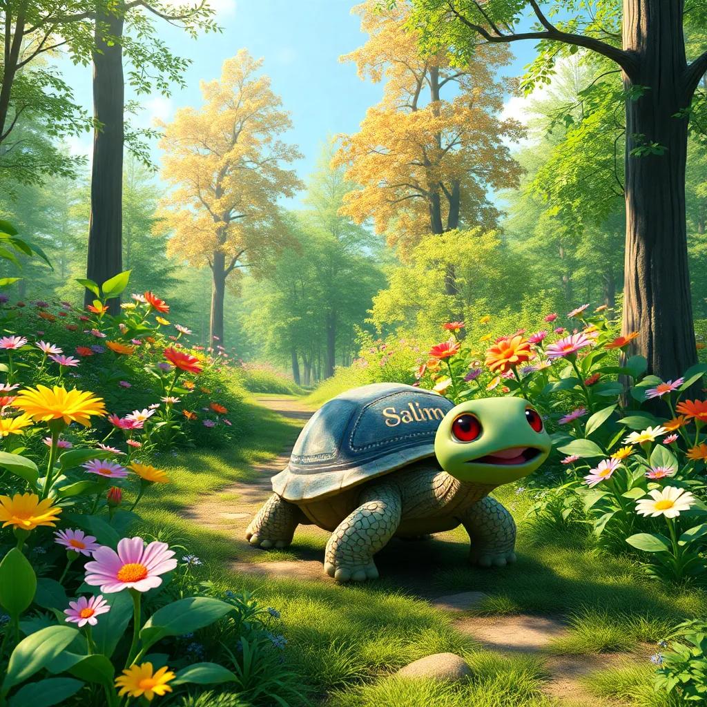 A beautiful green forest with trees and colorful flowers, where a kind turtle named Salma is walking, a bright sunny day, cheerful atmosphere, digital art, vibrant colors, high detail