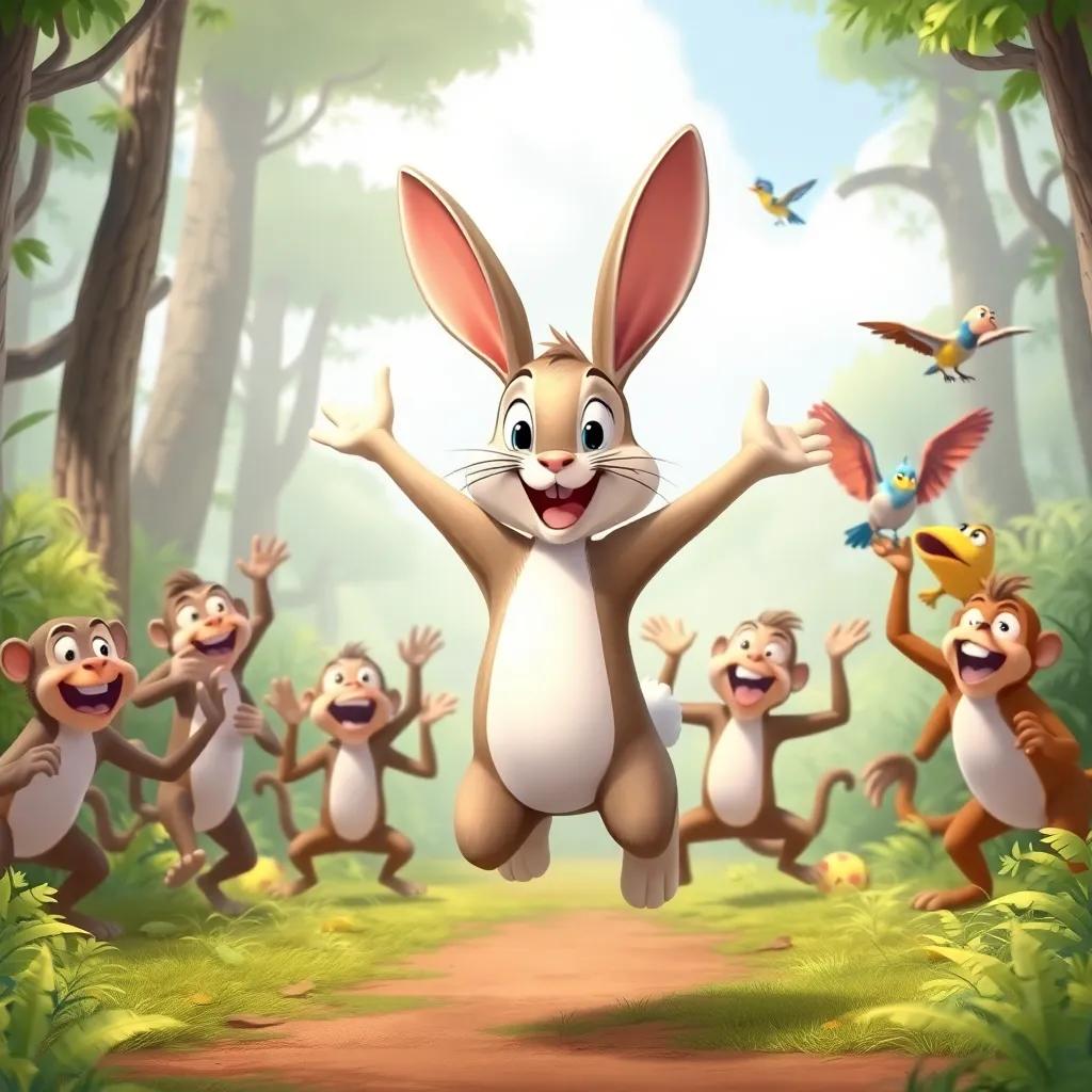 A proud rabbit jumping in the forest, surrounded by excited animals like monkeys and birds, announcing a big race, enthusiasm in the air, illustration, lively colors, playful