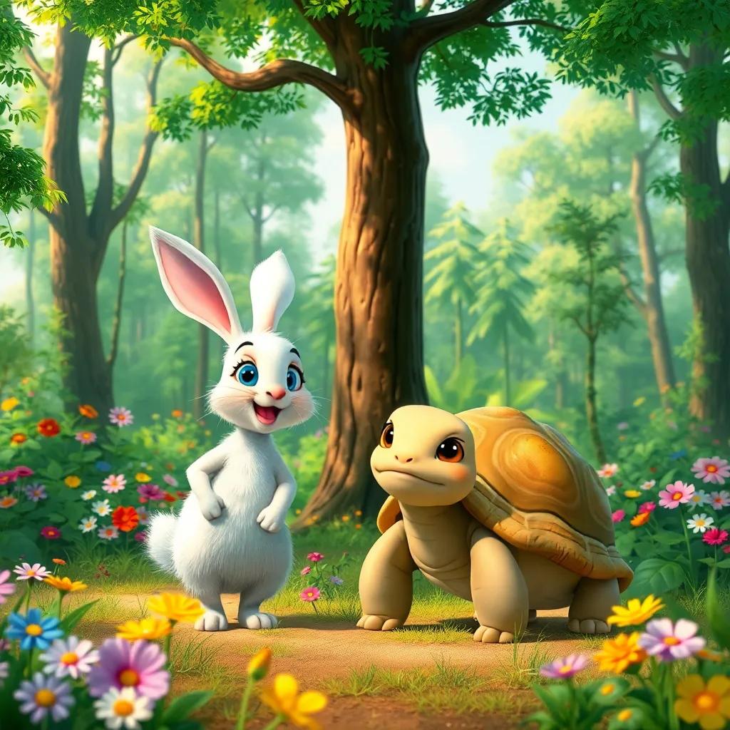 A lively green forest filled with colorful flowers and tall trees, featuring two friends, an energetic rabbit named "Saree" with fluffy white fur and bright blue eyes, and a slow tortoise named "Salahouf" with a smooth shell and gentle expression, standing together under a big tree, cheerful atmosphere, digital art, vibrant colors, cartoon style