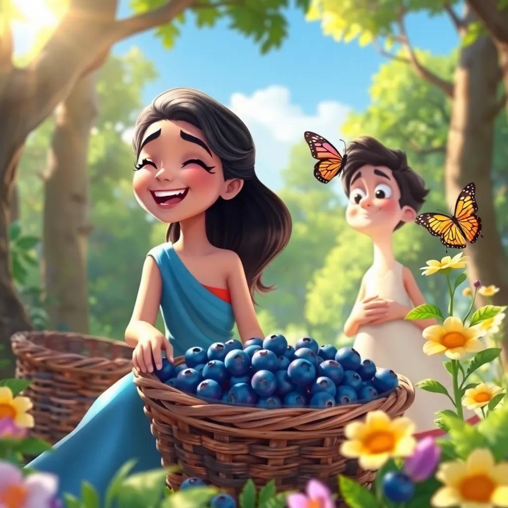 A sunny day in the forest, with Saree excitedly gathering blueberries in a basket, smiling brightly, while Salahouf lazily watches a butterfly from a nearby flower, feeling relaxed and carefree, whimsical illustration, colorful, warm sunlight