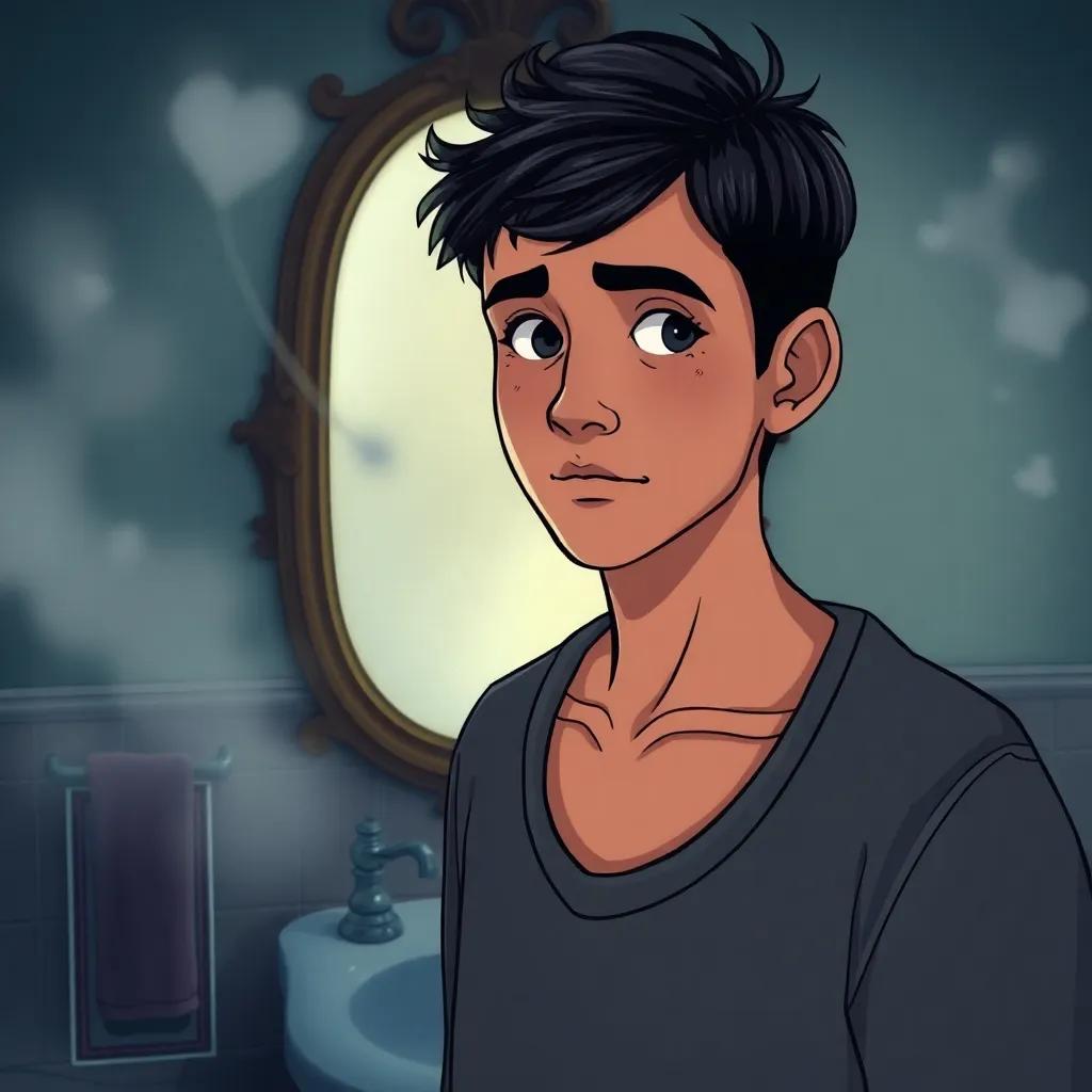 Sami, a young Arab man with short dark hair, standing in front of a foggy mirror where mysterious messages are appearing, surrounded by an old-fashioned bathroom decor, illustration, suspenseful, enchanting, child-friendly, high quality