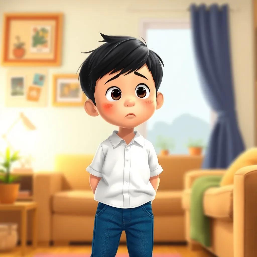 A young boy, سلطان, with short black hair, wearing a white shirt and blue jeans, looking nervous at home with his mom encouraging him, digital art, cheerful colors, warm atmosphere, close-up view, high quality